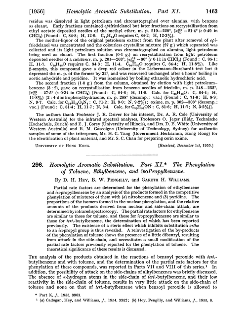 296. Homolytic aromatic substitution. Part XI. The phenylation of toluene, ethylbenzene, and isopropylbenzene