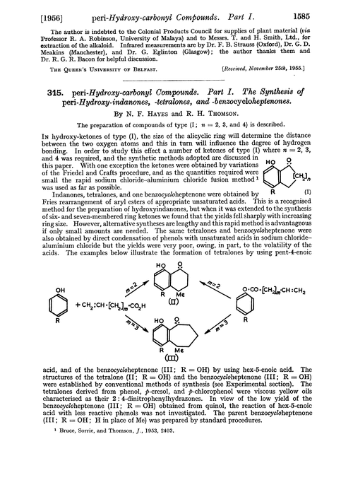 315. peri-Hydroxy-carbonyl compounds. Part I. The synthesis of peri-hydroxy-indanones, -tetralones, and -benzocycloheptenones