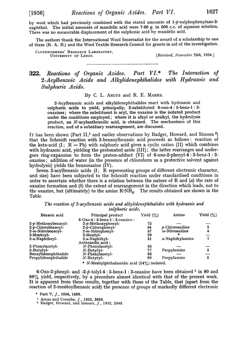 322. Reactions of organic azides. Part VI. The interaction of 2-acylbenzoic acids and alkylidenephthalides with hydrazoic and sulphuric acids