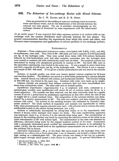 332. The behaviour of ion-exchange resins with mixed solvents