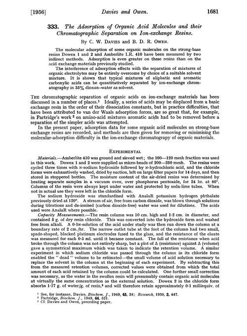 333. The adsorption of organic acid molecules and their chromatographic separation on ion-exchange resins