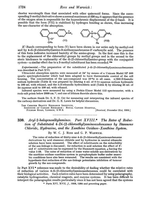 338. Aryl-2-halogenoalkylamines. Part XVIII. The rates of reduction of substituted 4-di-(2-chloroethyl)aminoazobenzenes by stannous chloride, hydrazine, and the xanthine oxidase–xanthine system