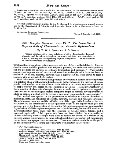 363. Complex fluorides. Part VII. The interaction of cuprous salts of fluoro-acids and aromatic hydrocarbons