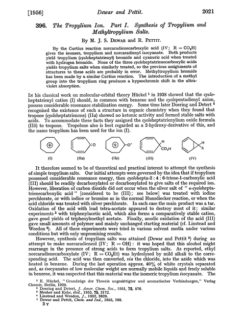 396. The tropylium ion. Part I. Synthesis of tropylium and methyltropylium salts
