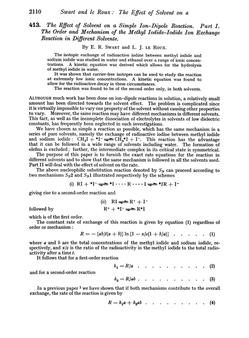 413. The effect of solvent on a simple ion–dipole reaction. Part I. The order and mechanism of the methyl iodide–iodide ion exchange reaction in different solvents