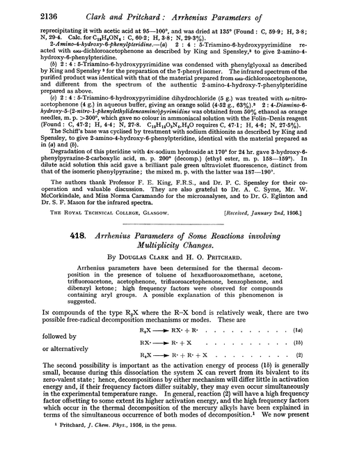 418. Arrhenius parameters of some reactions involving multiplicity changes