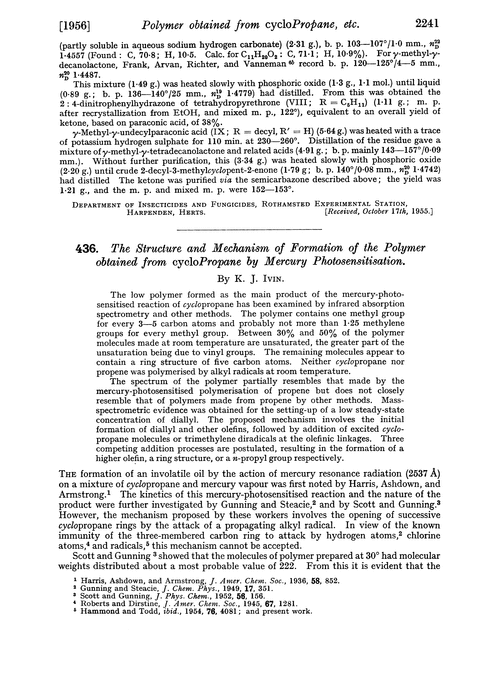 436. The structure and mechanism of formation of the polymer obtained from cyclopropane by mercury photosensitisation