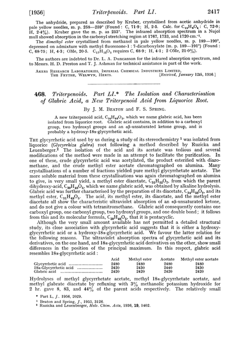 468. Triterpenoids. Part LI. The isolation and characterisation of glabric acid, a new triterpenoid acid from liquorice root