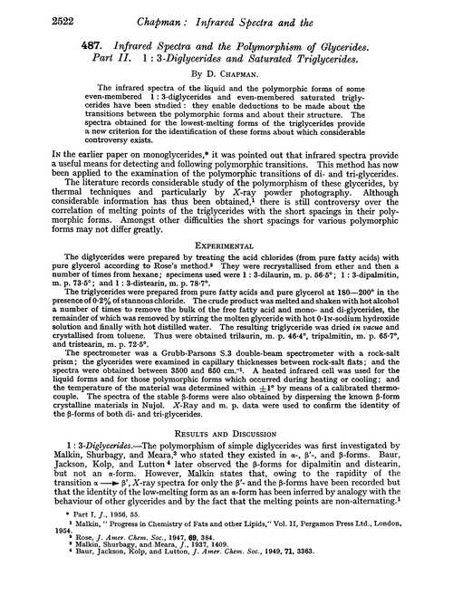 487. Infrared spectra and the polymorphism of glycerides. Part II. 1 : 3-Diglycerides and saturated triglycerides