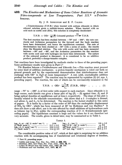 489. The kinetics and mechanisms of some colour reactions of aromatic nitro-compounds at low temperatures. Part III. S-Trinitrobenzene
