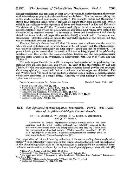 513. The synthesis of thionaphthen derivatives. Part I. The cyclisation of arylthioacetaldehyde diethyl acetals