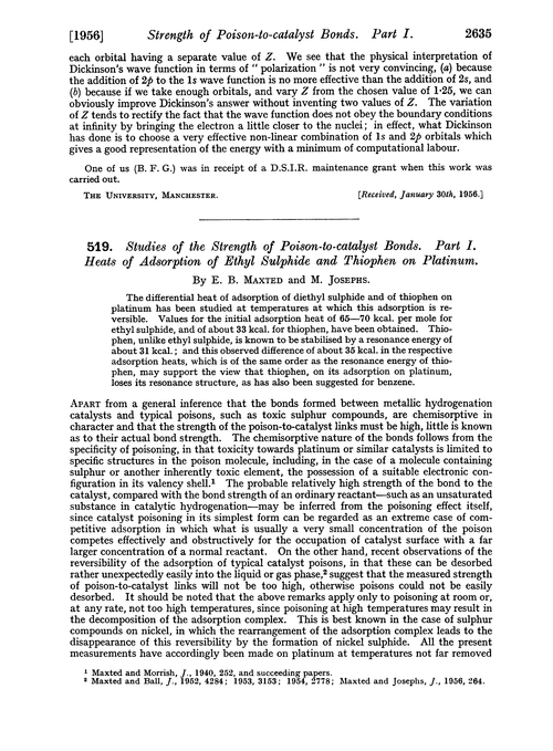 519. Studies of the strength of poison-to-catalyst bonds. Part I. Heats of adsorption of ethyl sulphide and thiophen on platinum
