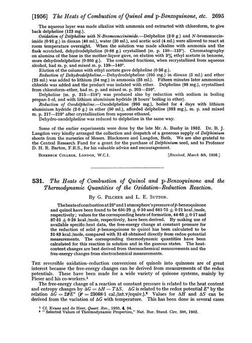 531. The heats of combustion of quinol and p-benzoquinone and the thermodynamic quantities of the oxidation–reduction reaction