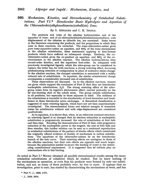 560. Mechanism, kinetics, and stereochemistry of octahedral substitutions. Part VI. Bimolecular basic hydrolysis and aquation of the chloronitrobis(ethylenediamine)cobalt(III) ions