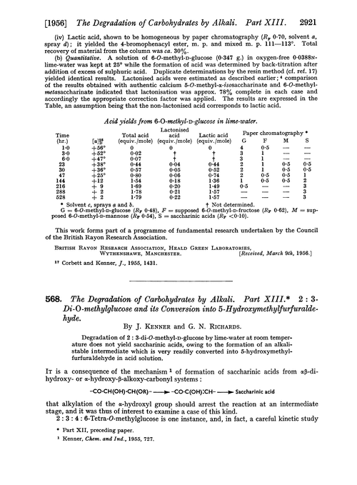 568. The degradation of carbohydrates by alkali. Part XIII. 2 : 3-Di-O-methylglucose and its conversion into 5-hydroxymethylfurfuraldehyde