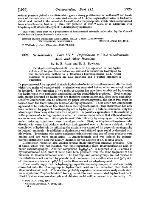 569. Griseoviridin. Part III. Degradation to 10-aminodecanoic acid, and other reactions