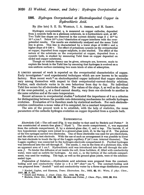 586. Hydrogen overpotential at electrodeposited copper in hydrochloric acid