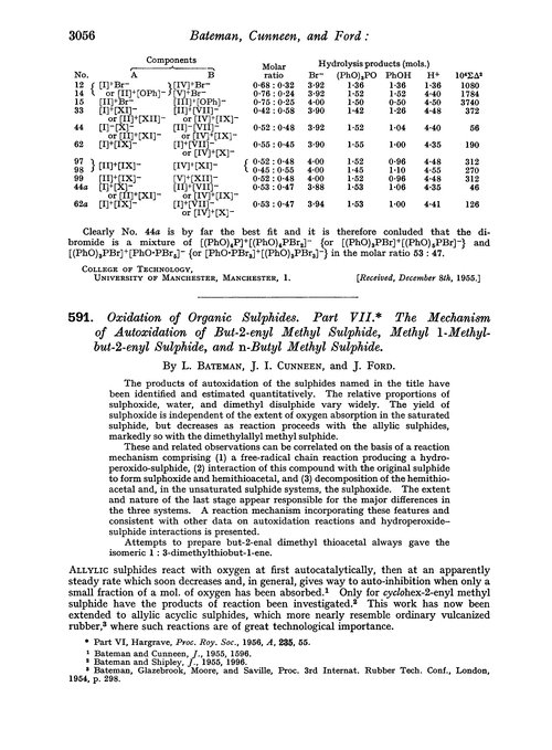 591. Oxidation of organic sulphides. Part VII. The mechanism of autoxidation of but-2-enyl methyl sulphide, methyl 1-methylbut-2-enyl sulphide, and n-butyl methyl sulphide