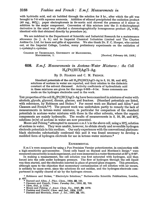 608. E.m.f. measurements in acetone–water mixtures: the cell H2(Pt)|Cl|AgCl–Ag