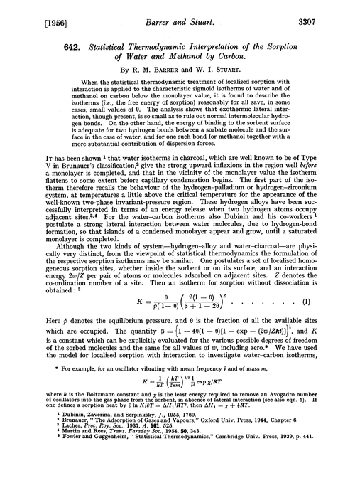 642. Statistical thermodynamic interpretation of the sorption of water and methanol by carbon