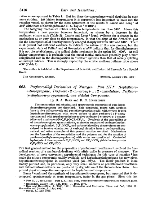 663. Perfluoroalkyl derivatives of nitrogen. Part III. Heptafluoronitrosopropane, perfluoro-2-n-propyl-1 : 2-oxazetidine, perfluoro-(methylene-n-propylamine), and related compounds