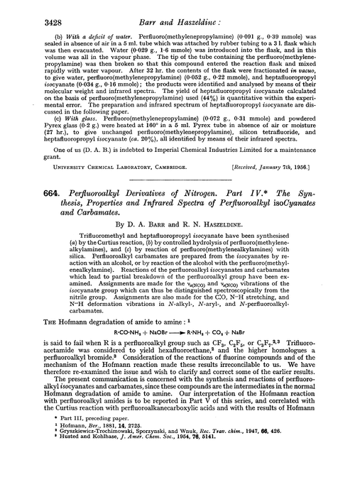 664. Perfluoroalkyl derivatives of nitrogen. Part IV. The synthesis, properties and infrared spectra of perfluoroalkyl isocyanates and carbamates