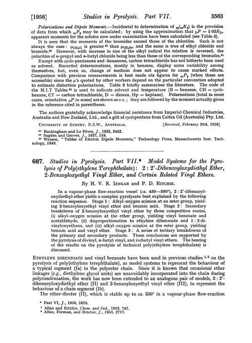 687. Studies in pyrolysis. Part VII. Model systems for the pyrolysis of poly(ethylene terephthalate): 2 : 2′-dibenzoyloxydiethyl ether, 2′benzoyloxyethyl vinyl ether, and certain related vinyl ethers