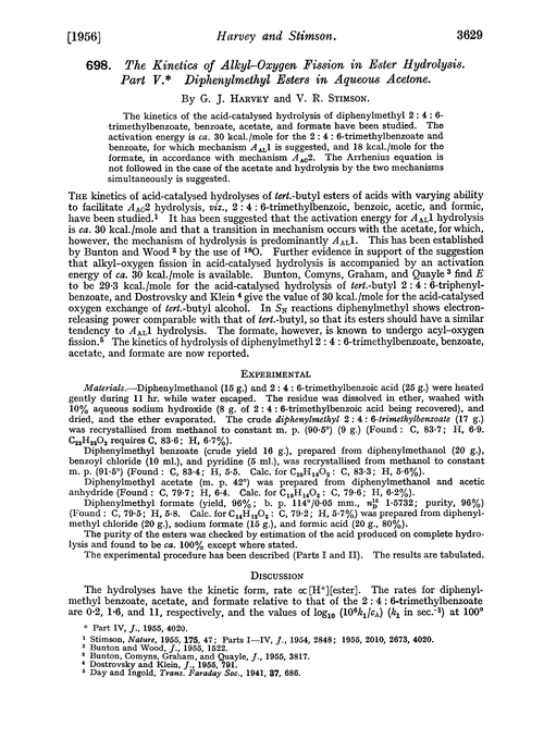698. The kinetics of alkyl–oxygen fission in ester hydrolysis. Part V. Diphenylmethyl esters in aqueous acetone