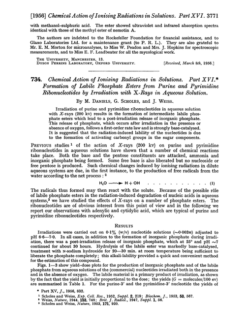 734. Chemical action of ionising radiations in solutions. Part XVI. Formation of labile phosphate esters from purine and pyrimidine ribonucleotides by irradiation with X-rays in aqueous solution