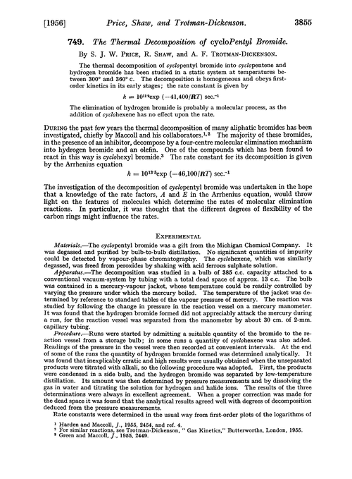 749. The thermal decomposition of cyclopentyl bromide