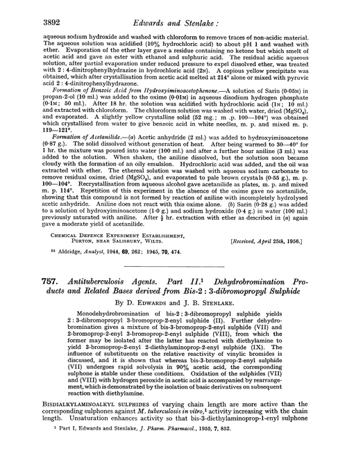 757. Antituberculosis agents. Part II. Dehydrobromination products and related bases derived from bis-2 : 3-dibromopropyl sulphide