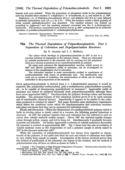 764. The thermal degradation of polymethacrylonitrile. Part I. Separation of coloration and depolymerization reactions