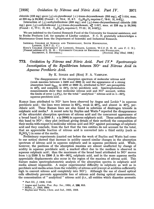 773. Oxidation by nitrous and nitric acid. Part IV. Spectroscopic investigation of the equilibrium between NO+ and nitrous acid in aqueous perchloric acid