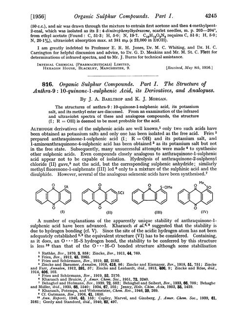 816. Organic sulphur compounds. Part I. The structure of anthra-9 : 10-quinone-1-sulphenic acid, its derivatives, and analogues