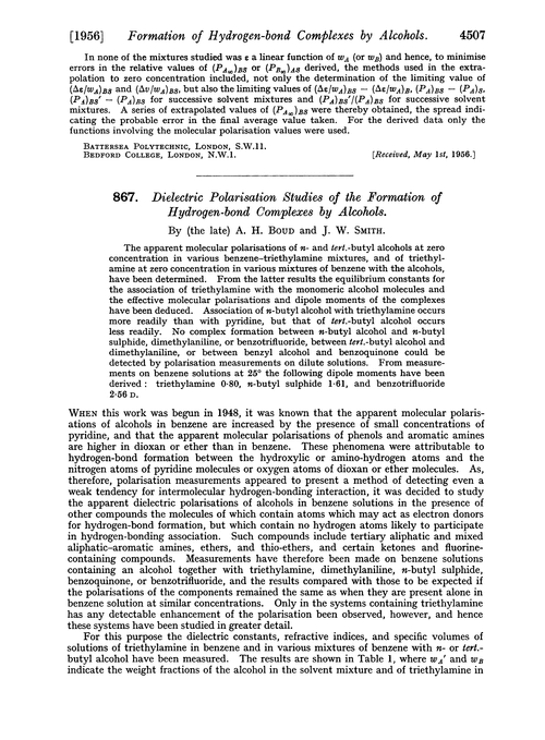 867. Dielectric polarisation studies of the formation of hydrogen-bond complexes by alcohols
