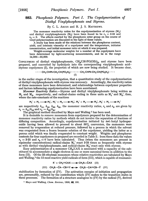 883. Phosphonic polymers. Part I. The copolymerisation of diethyl vinylphosphonate and styrene