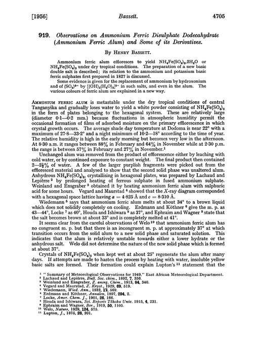919. Observations on ammonium ferric disulphate dodecahydrate (ammonium ferric alum) and some of its derivatives