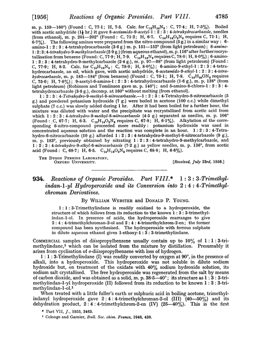 934. Reactions of organic peroxides. Part VIII. 1 : 3 : 3-Trimethylindan-1-yl hydroperoxide and its conversion into 2 : 4 : 4-trimethylchroman derivatives