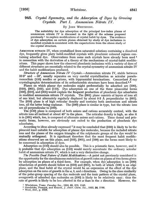 945. Crystal symmetry, and the adsorption of dyes by growing crystals. Part I. Ammonium nitrate IV