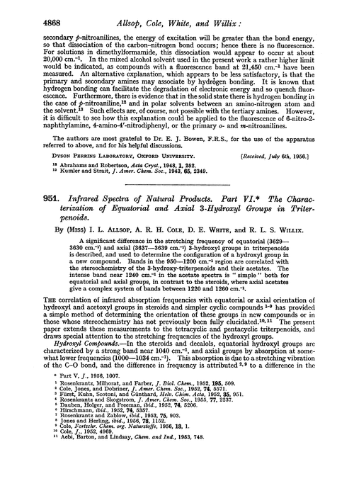 951. Infrared spectra of natural products. Part VI. The characterization of equatorial and axial 3-hydroxyl groups in triterpenoids