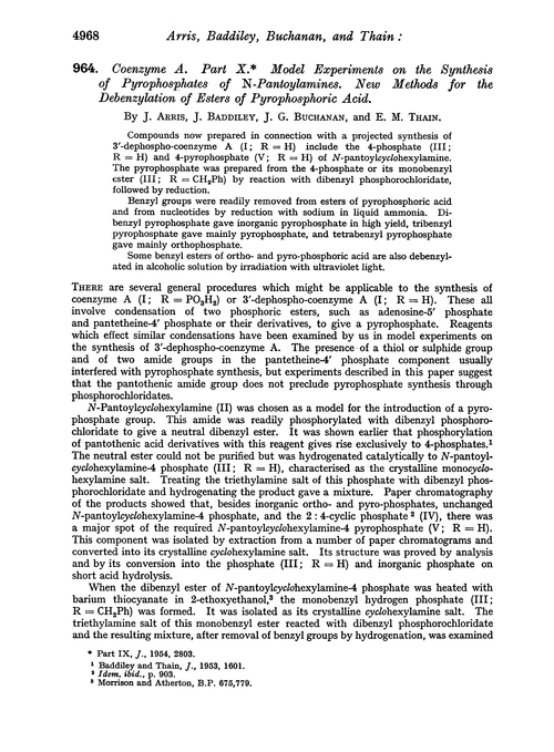 964. Coenzyme A. Part X. Model experiments on the synthesis of pyrophosphates of N-pantoylamines. New methods for the debenzylation of esters of pyrophosphoric acid
