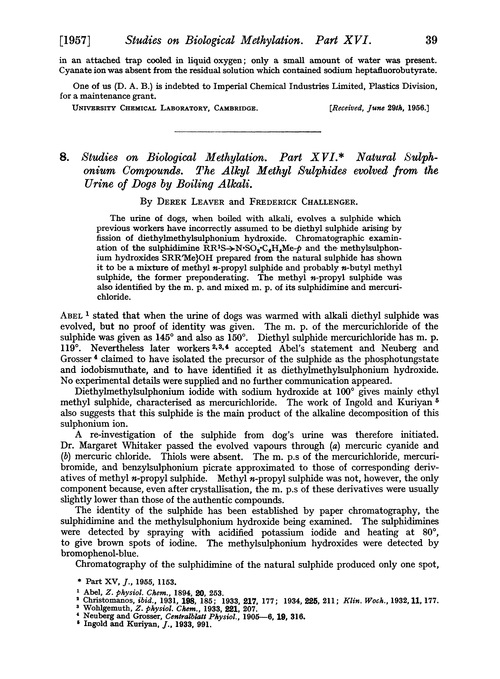 8. Studies on biological methylation. Part XVI. Natural sulphonium compounds. The alkyl methyl sulphides evolved from the urine of dogs by boiling alkali