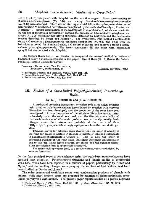 15. Studies of a cross-linked poly(ethyleneimine) ion-exchange resin