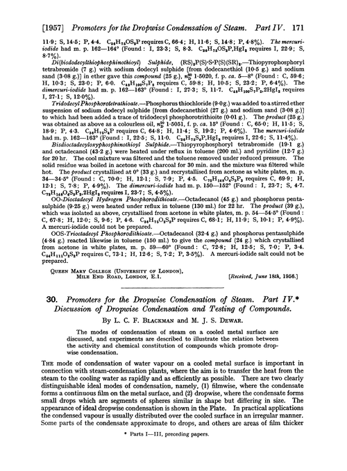 30. Promoters for the dropwise condensation of steam. Part IV. Discussion of dropwise condensation and testing of compounds