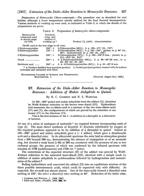 57. Extension of the Diels–Alder reaction to monocyclic benzenes : addition of maleic anhydride to quinol