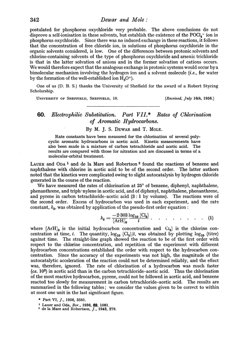60. Electrophilic substitution. Part VII. Rates of chlorination of aromatic hydrocarbons