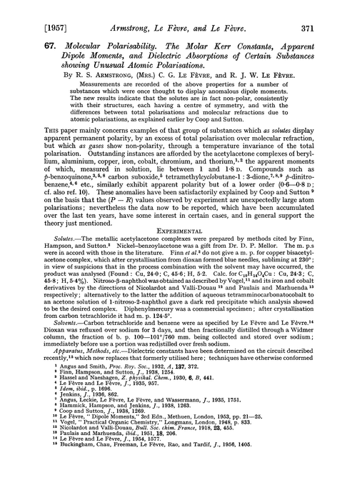 67. Molecular polarisability. The molar Kerr constants, apparent dipole moments, and dielectric absorptions of certain substances showing unusual atomic polarisations