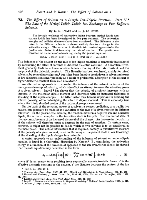 73. The effect of solvent on a simple ion–dipole reaction. Part II. The rate of the methyl iodide–iodide ion exchange in five different solvents
