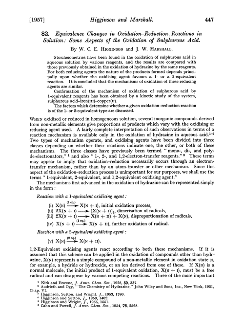 82. Equivalence changes in oxidation–reduction reactions in solution: some aspects of the oxidation of sulphurous acid