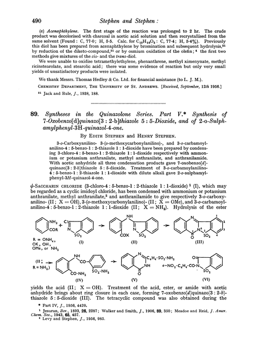 89. Syntheses in the quinazolone series. Part V. Synthesis of 7-oxobenzo[d]quinazo[3 : 2-b]thiazole 5 : 5-dioxide, and 2-o-sulphamylphenyl-3H-quinazol-4-one